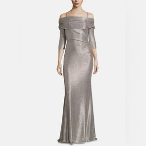 Betsey & Adam Women’s Off the Shoulder Metallic Ruched Silver Gown